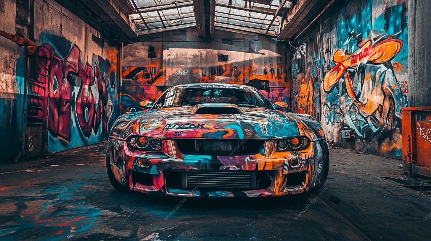 涂鸦车库中的炫酷彩绘赛车