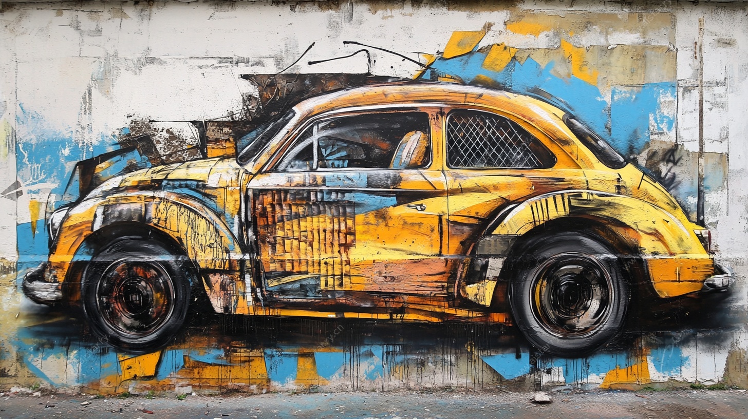 涂鸦风格黄色复古甲壳虫车