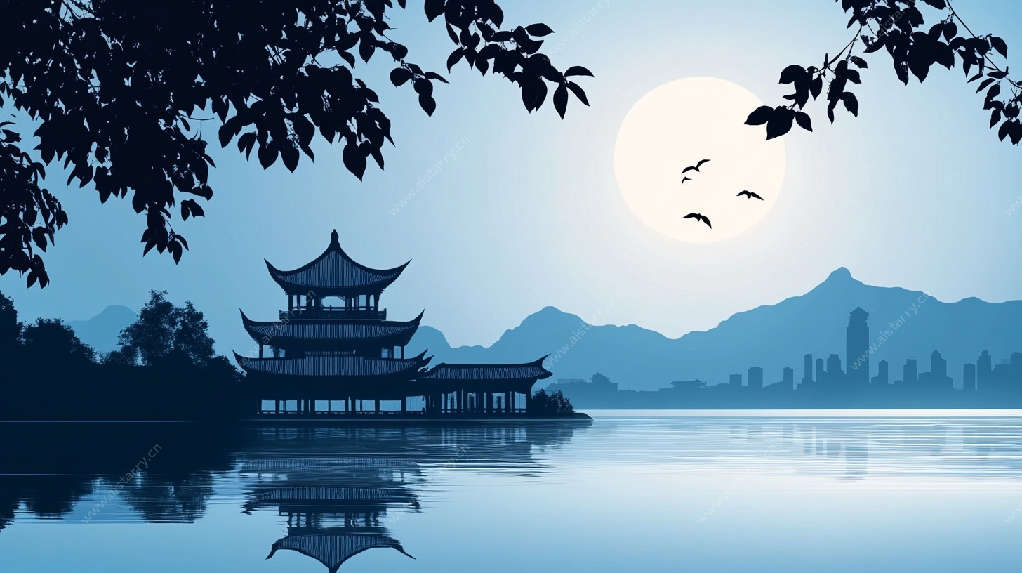 月夜湖畔古亭风景图