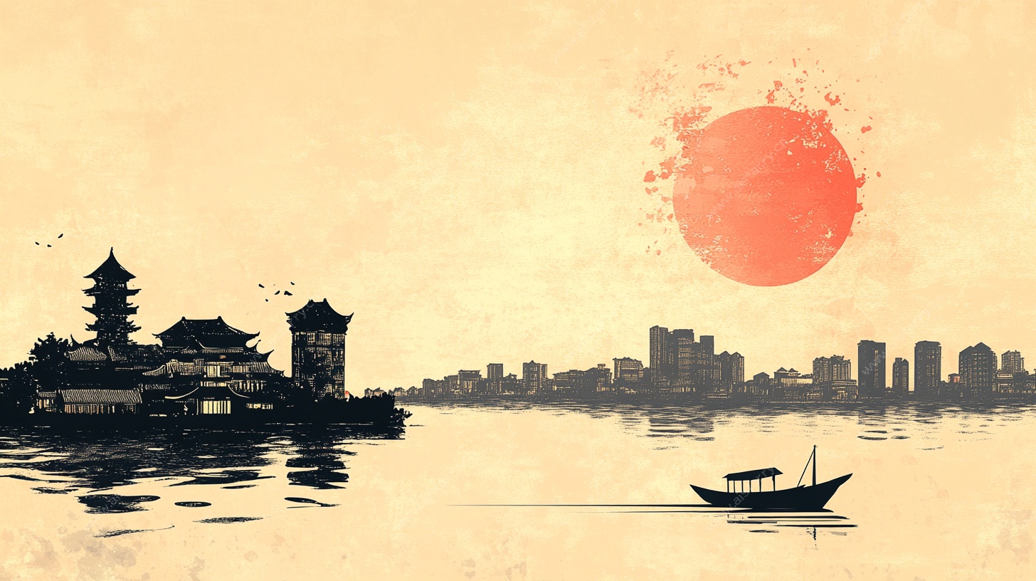 水墨风城市湖畔落日图景