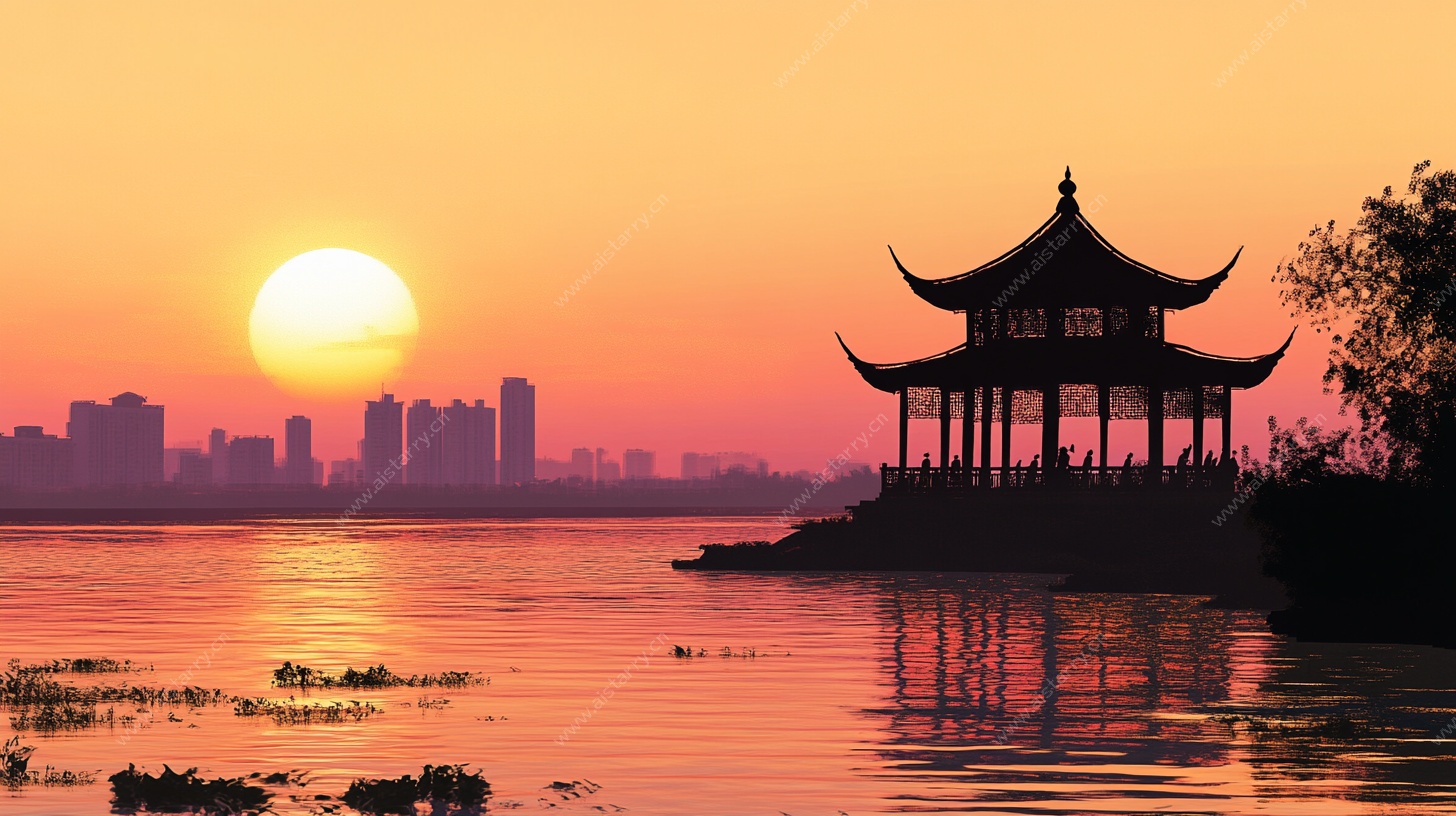 湖畔落日亭景
