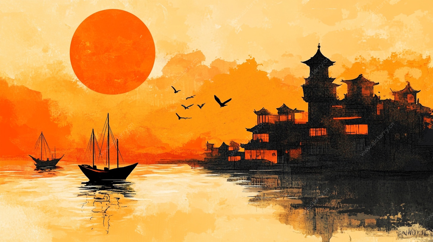 落日下的中式水乡美景