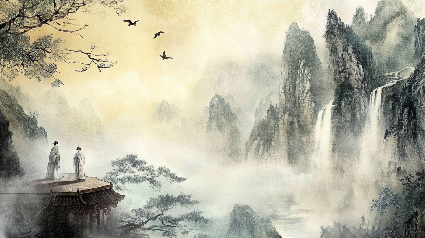 古风山水间的二人观景图