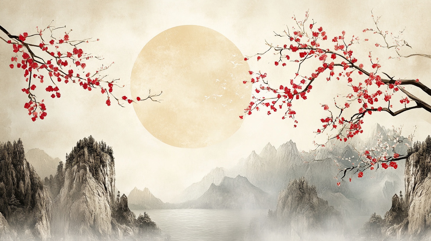 月下红梅映山水