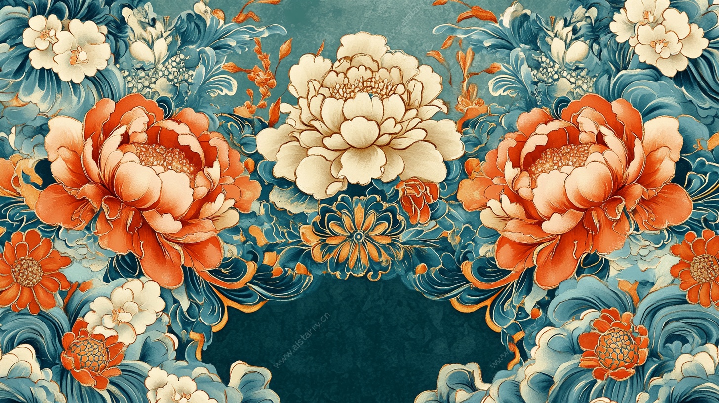 中式牡丹海浪国风图案