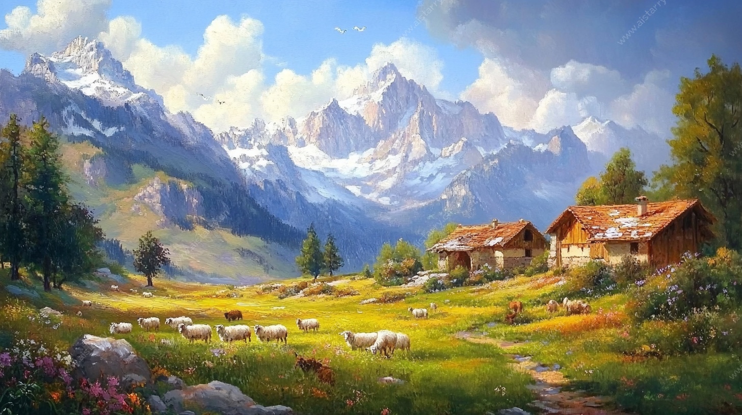 山间牧场田园美景油画