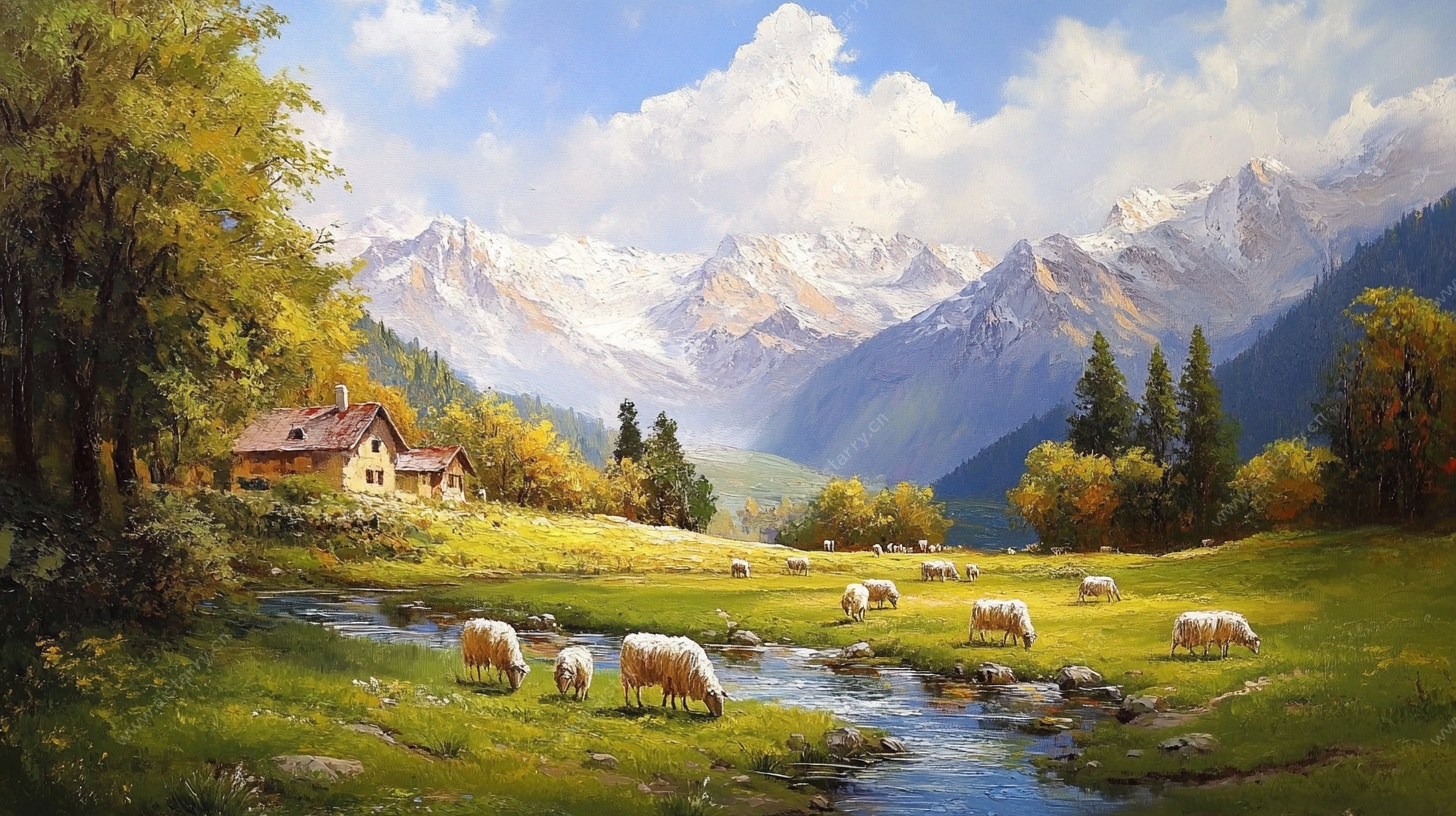山间牧场景致油画