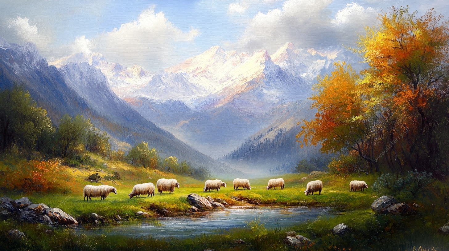 秋日山间牧羊风景图