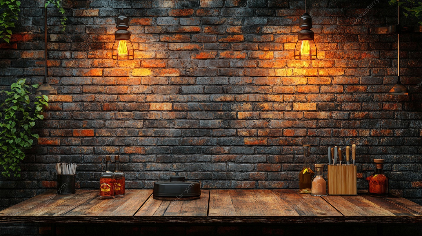 复古砖墙配木桌与壁灯