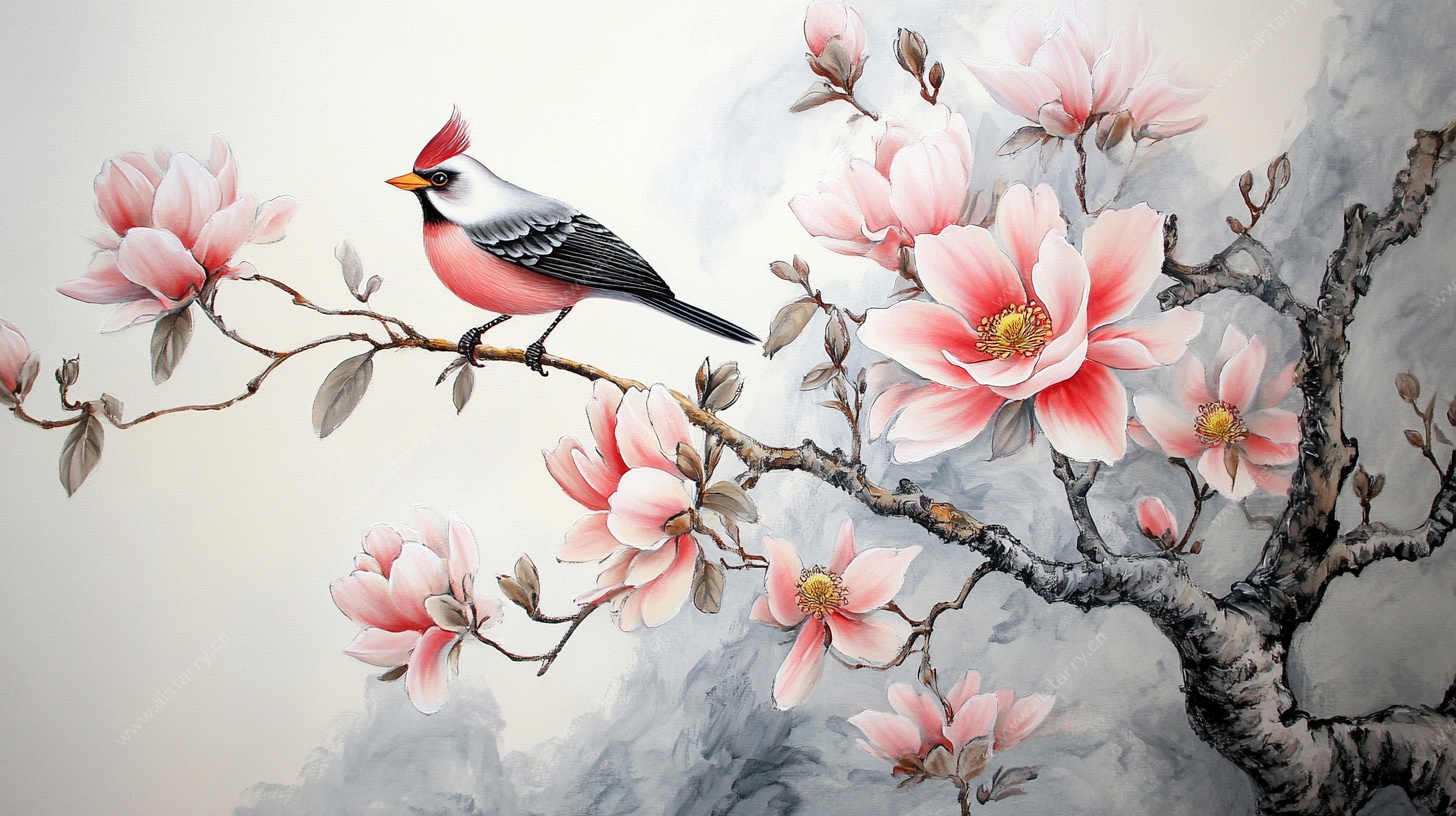 花鸟图 枝头雀与玉兰花