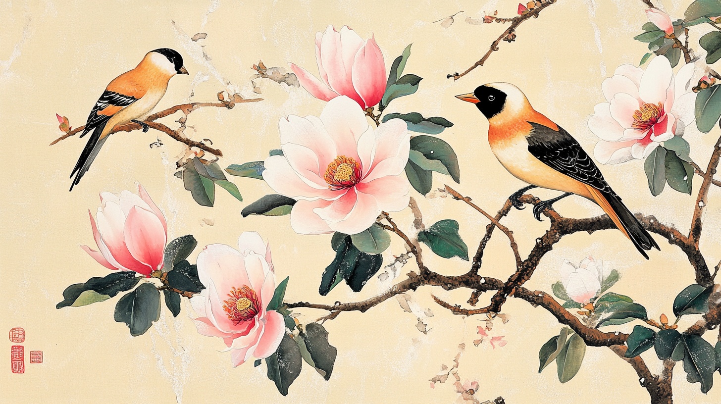 玉兰花枝双鸟图