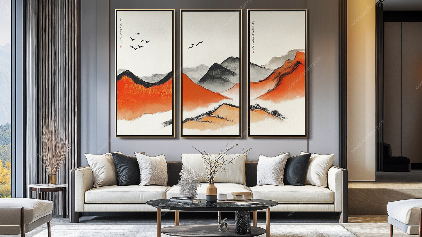 现代客厅中式山水挂画装饰