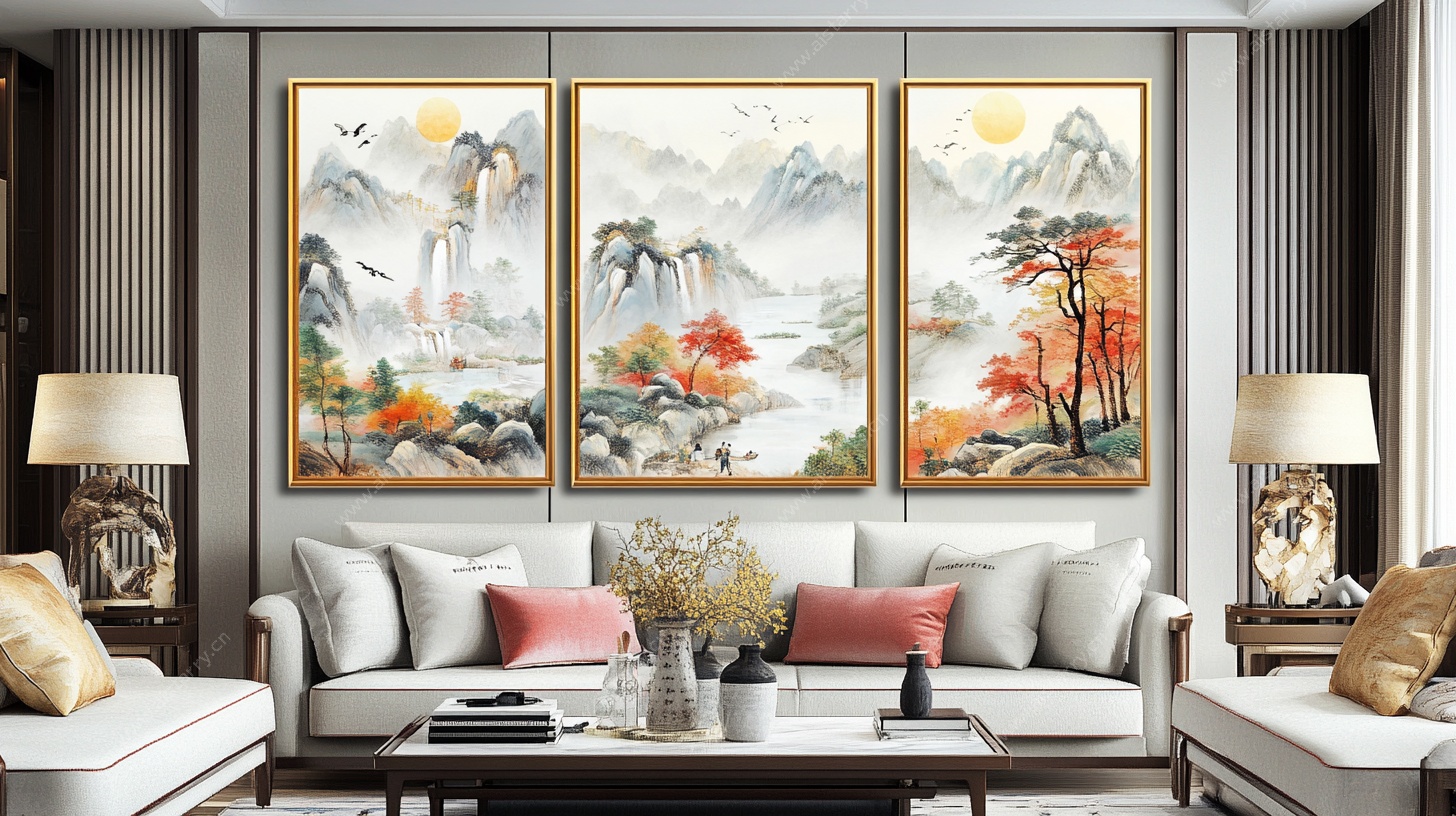 中式客厅三联山水装饰画