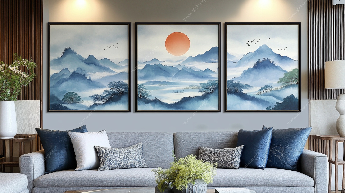 中式客厅三联山水装饰画