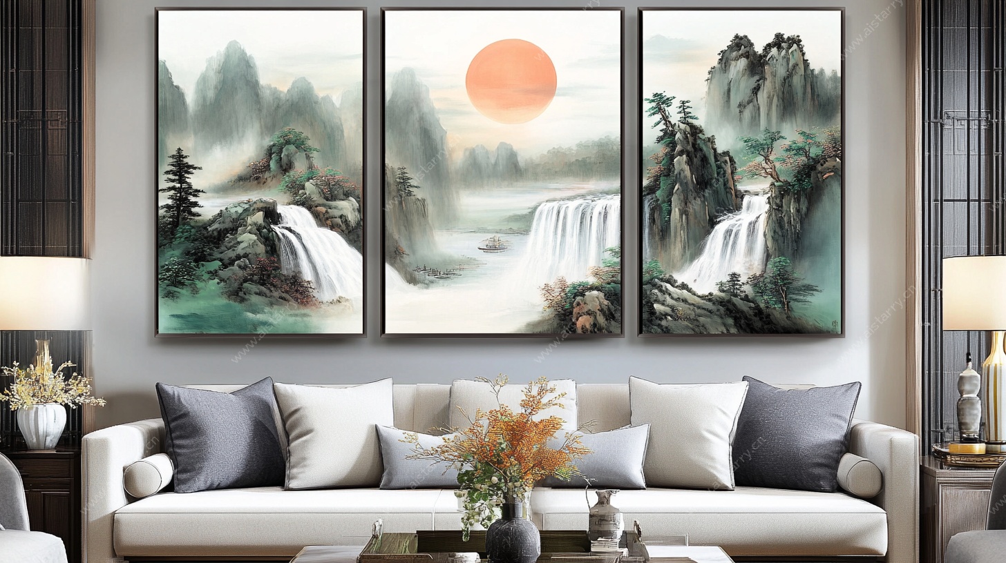 三联中式山水客厅装饰画