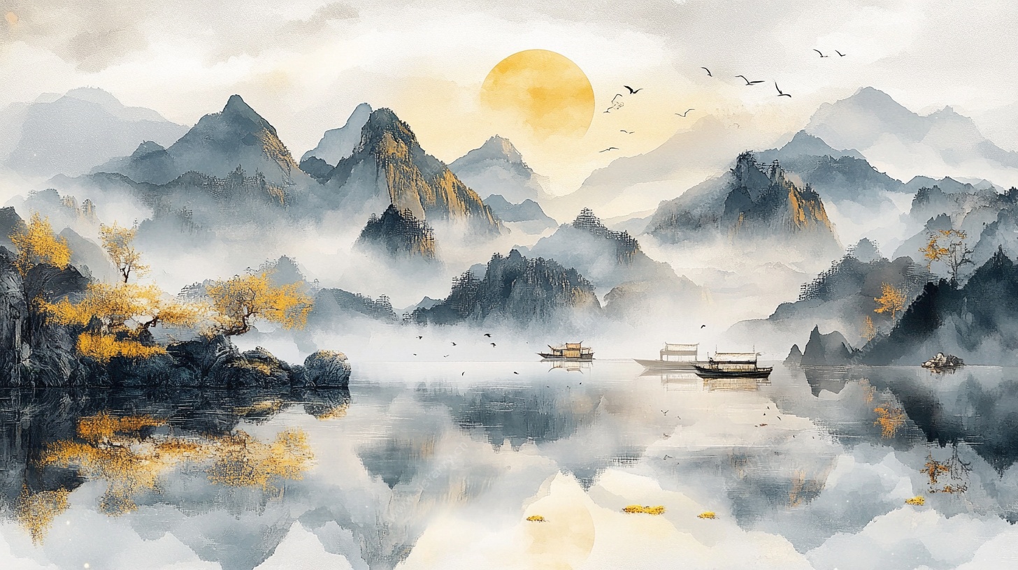 水墨山水夕阳泛舟图