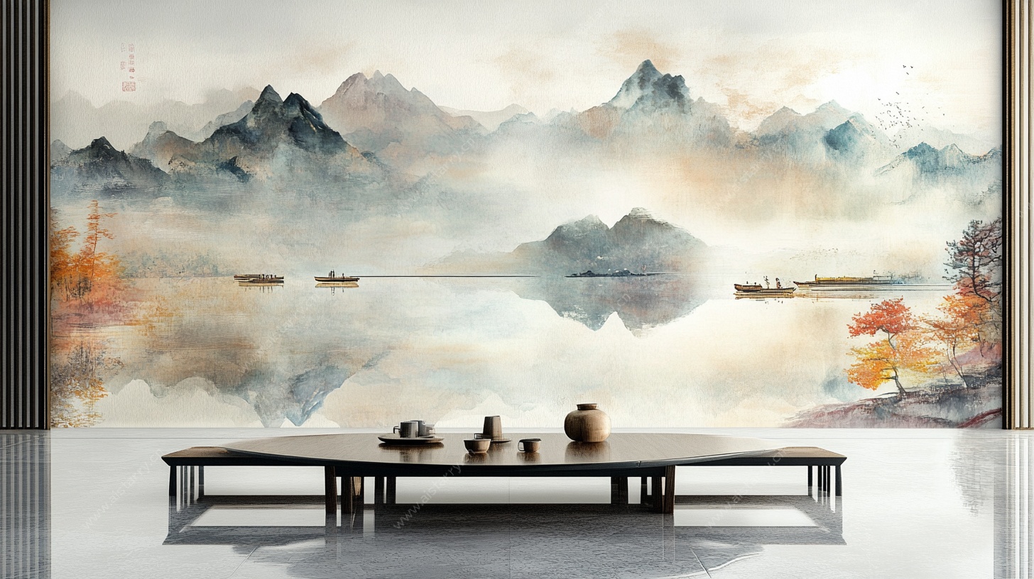 中式山水意境茶室背景墙