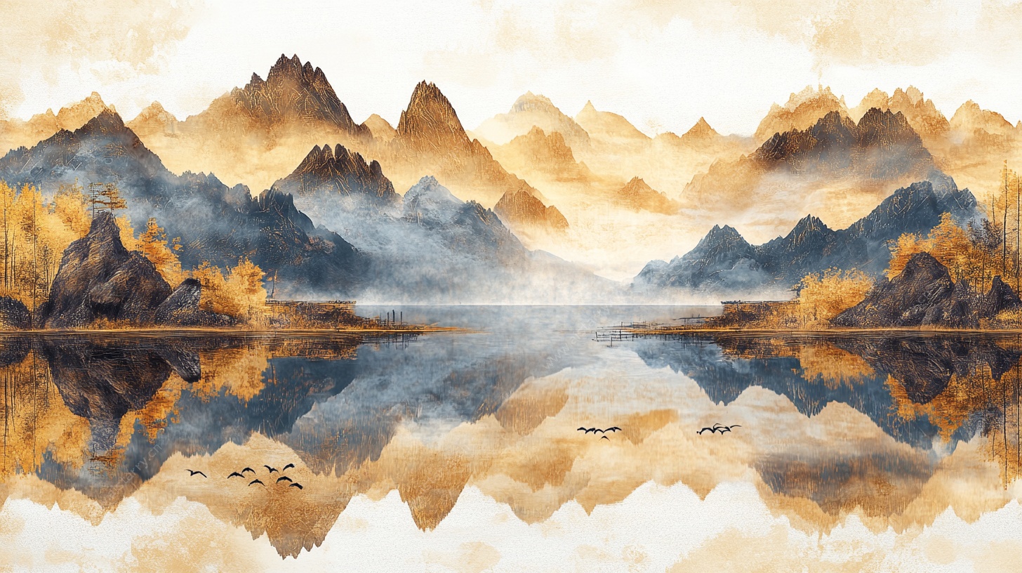 秋日山水倒影图