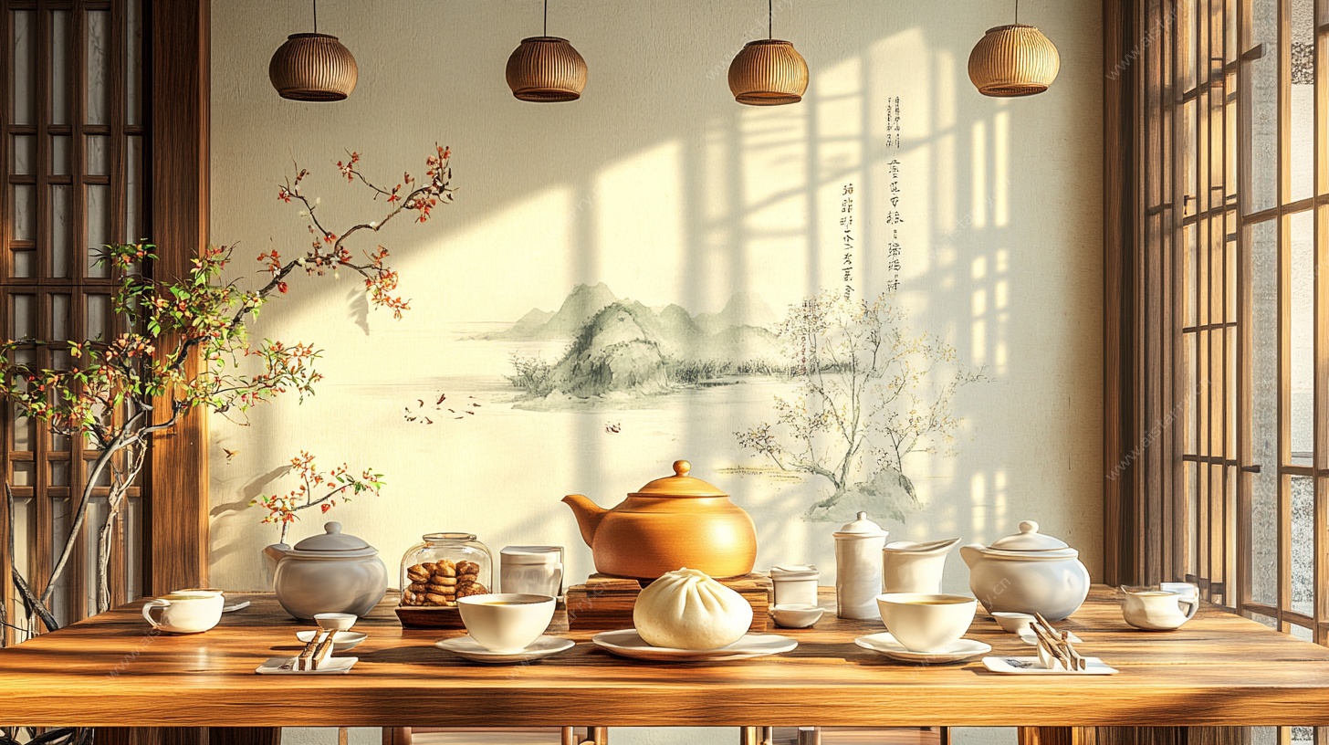 中式茶室雅景 茶具与光影