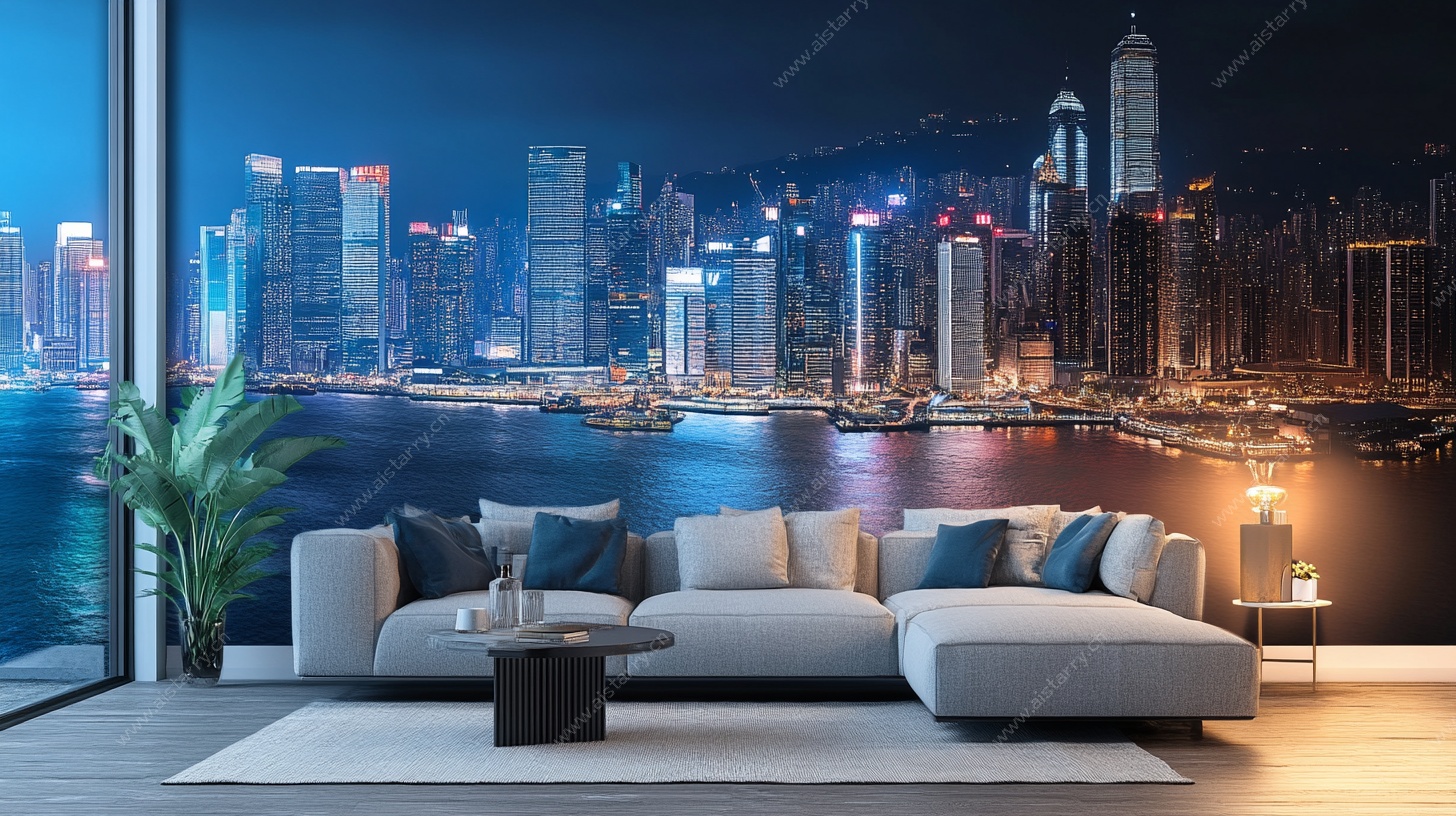 现代客厅的城市夜景背景