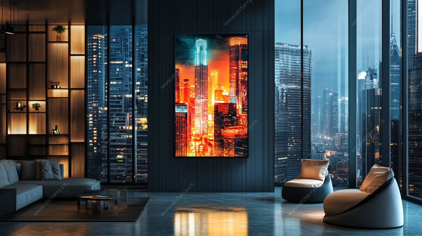 现代客厅中的城市夜景挂画