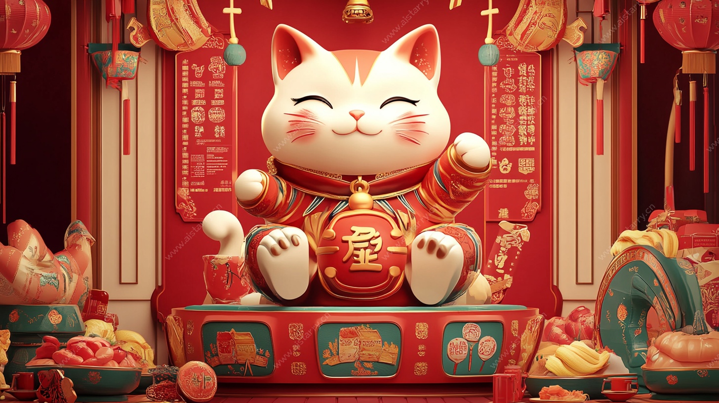 招财猫贺岁 喜庆中式场景