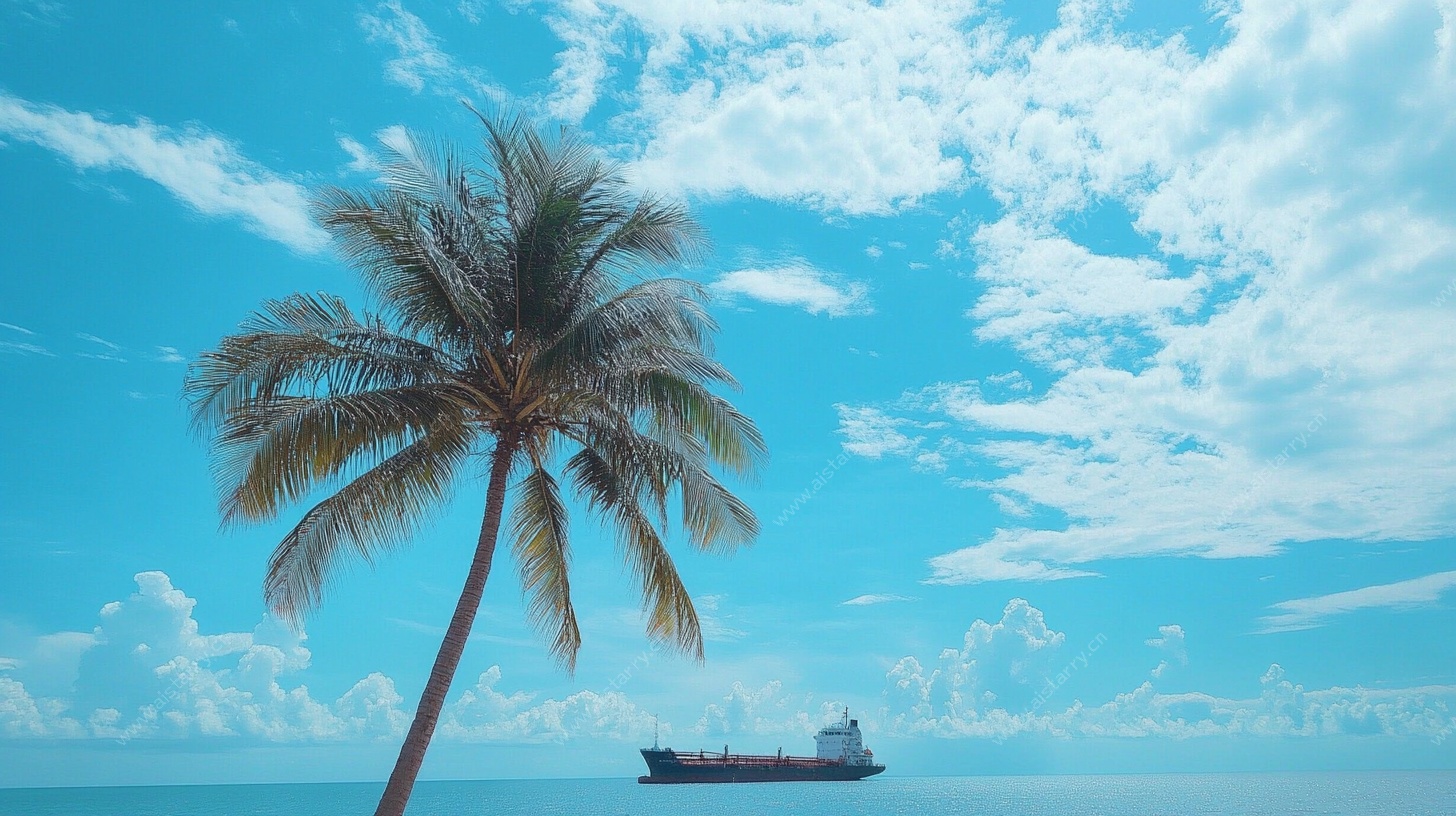 海边椰树与远航货轮