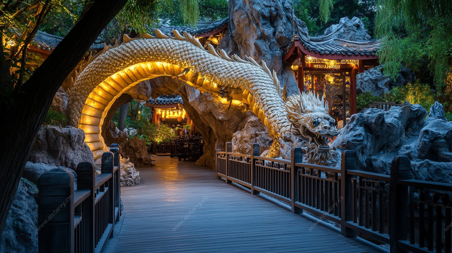 中式园林龙形景观夜景