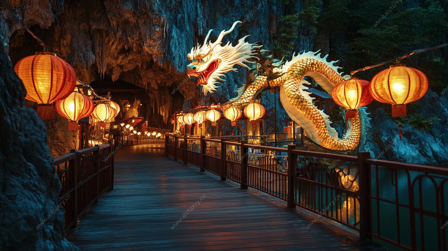 龙形装饰的中式灯光栈道