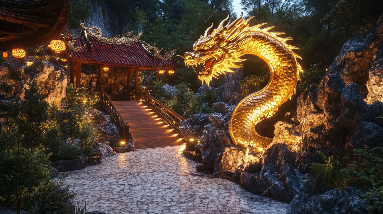 中式园林金色龙形景观