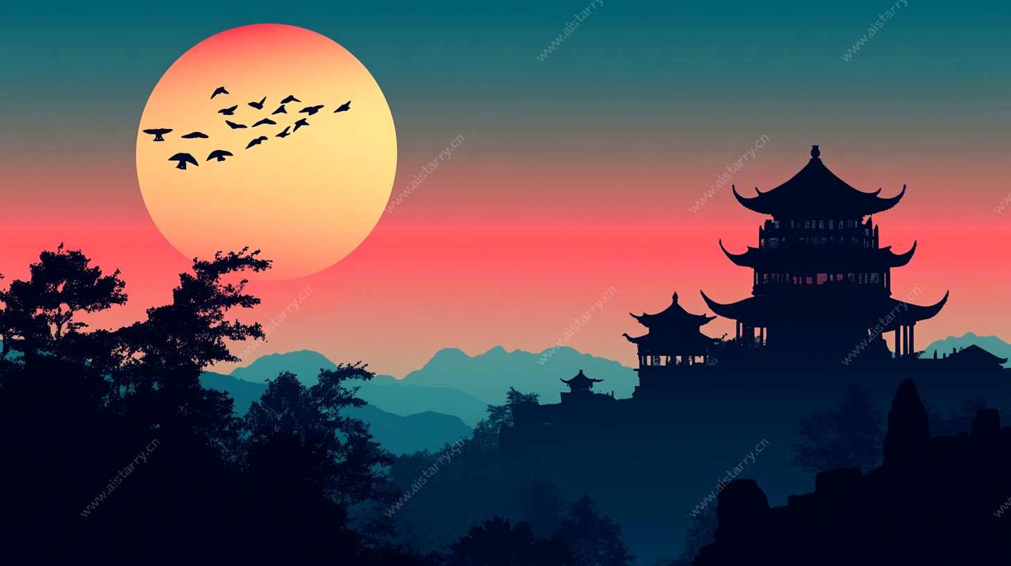 夕阳下的中式楼阁美景