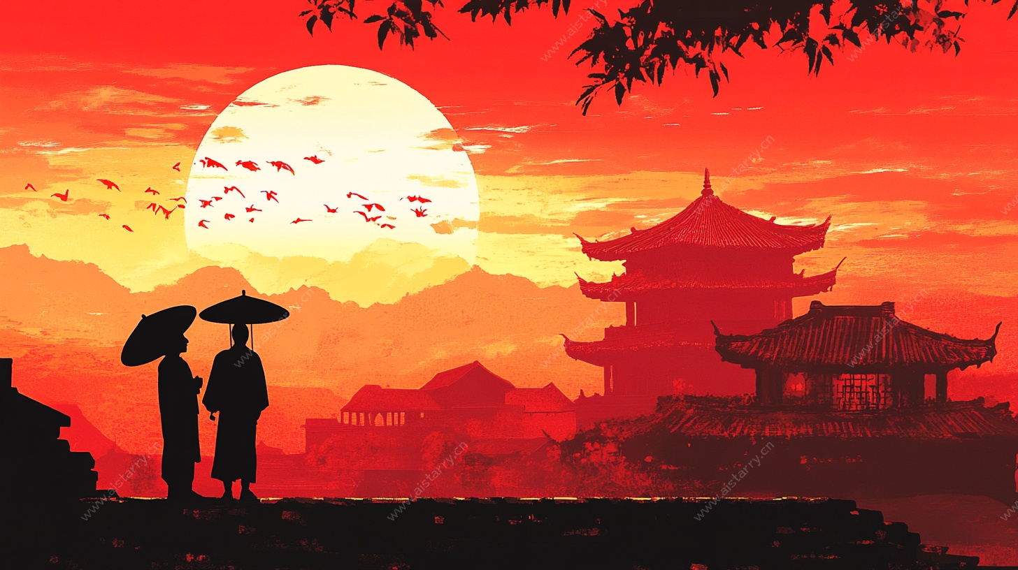 夕阳下的古风浪漫场景