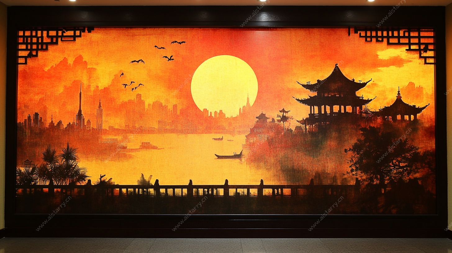 夕阳下的中式山水楼阁图