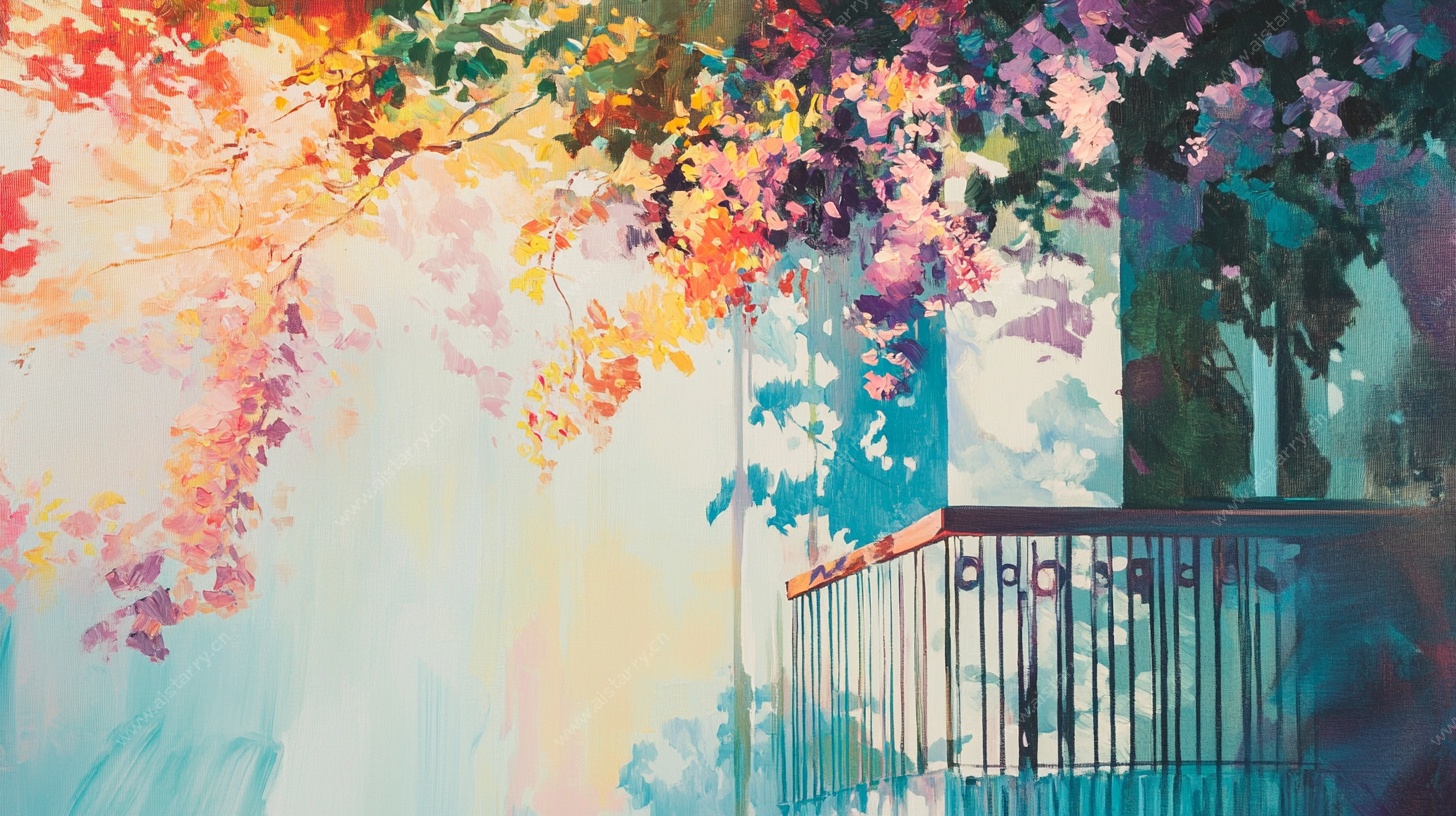 梦幻阳台花卉风景插画