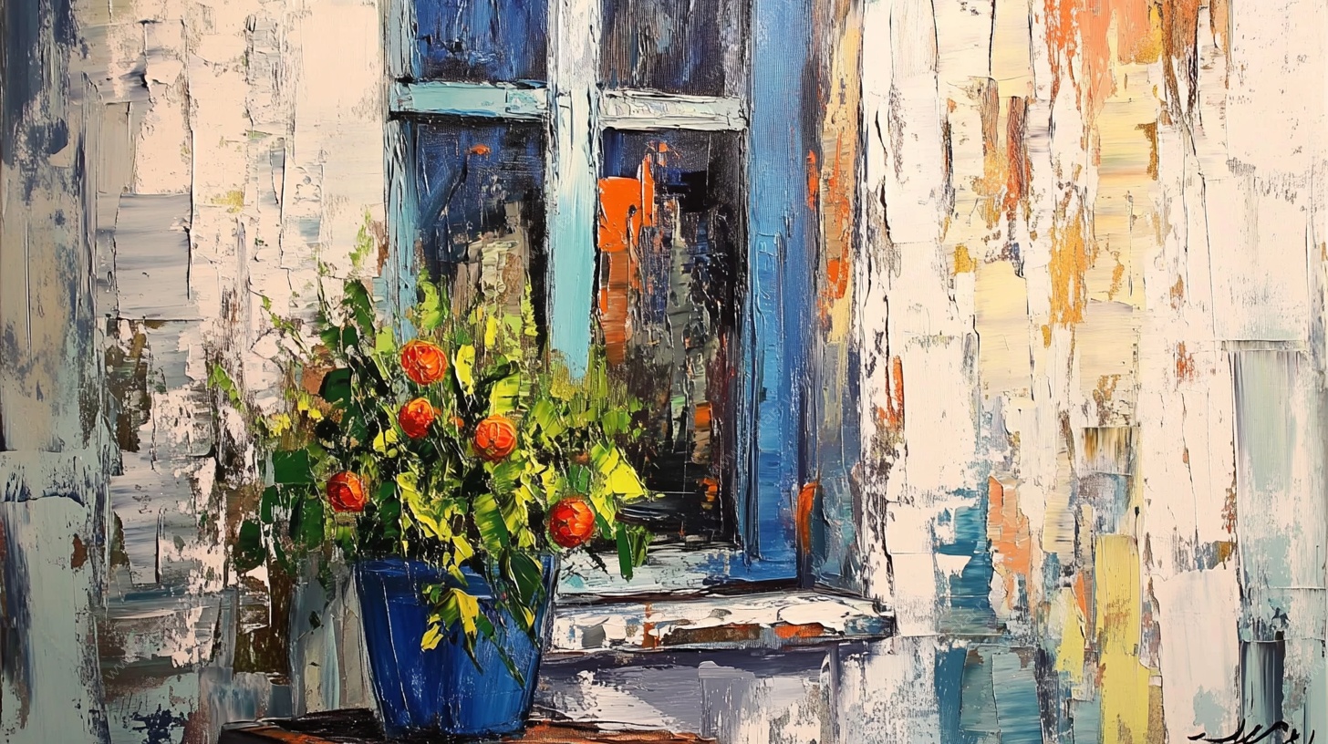 窗边蓝盆花卉油画