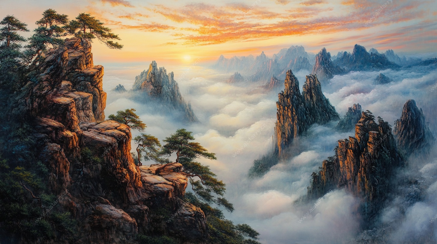 日出云海间的壮美山峦