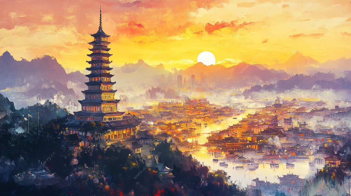 落日下的古塔与城市美景