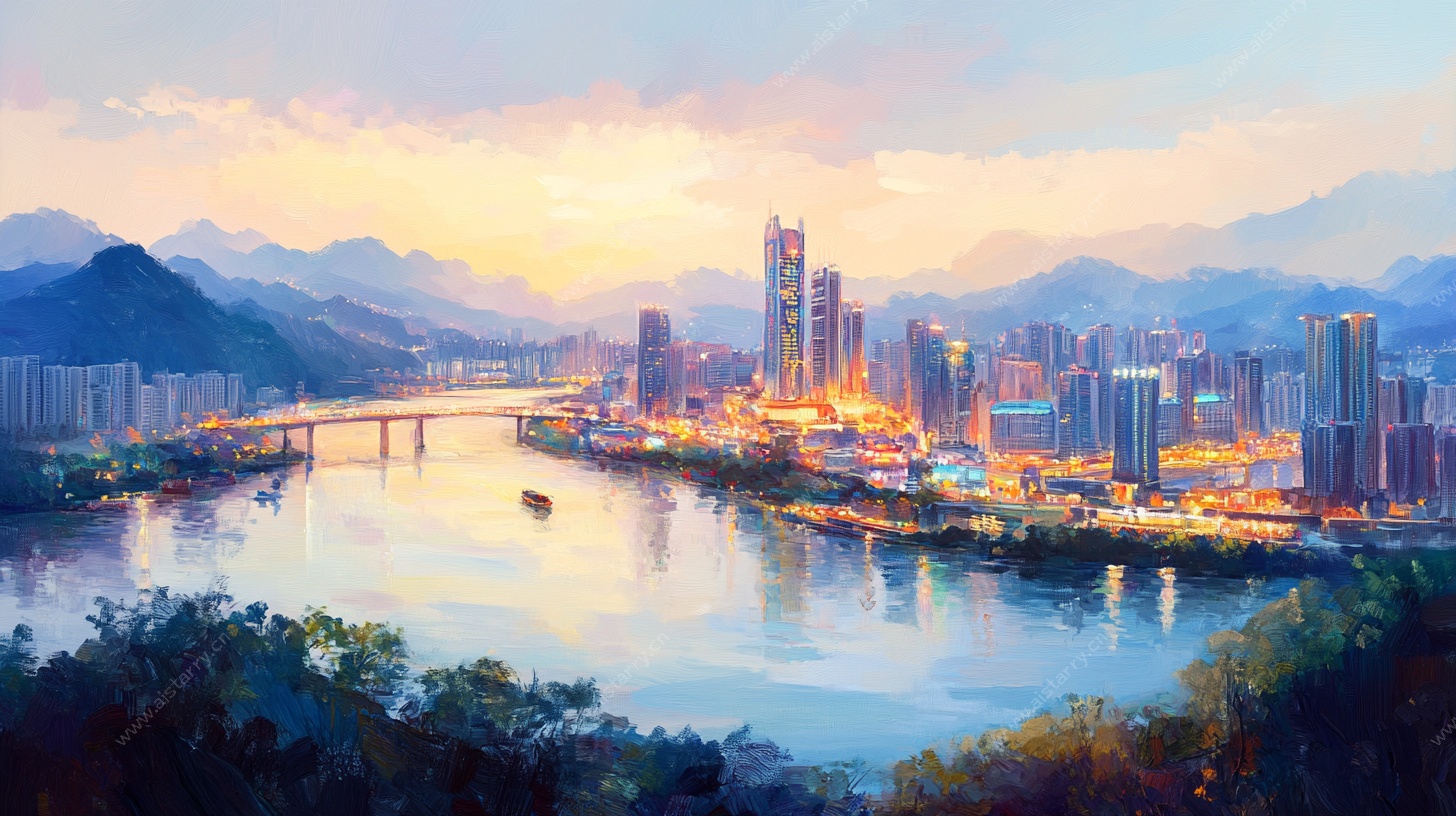 黄昏下的城市江畔美景