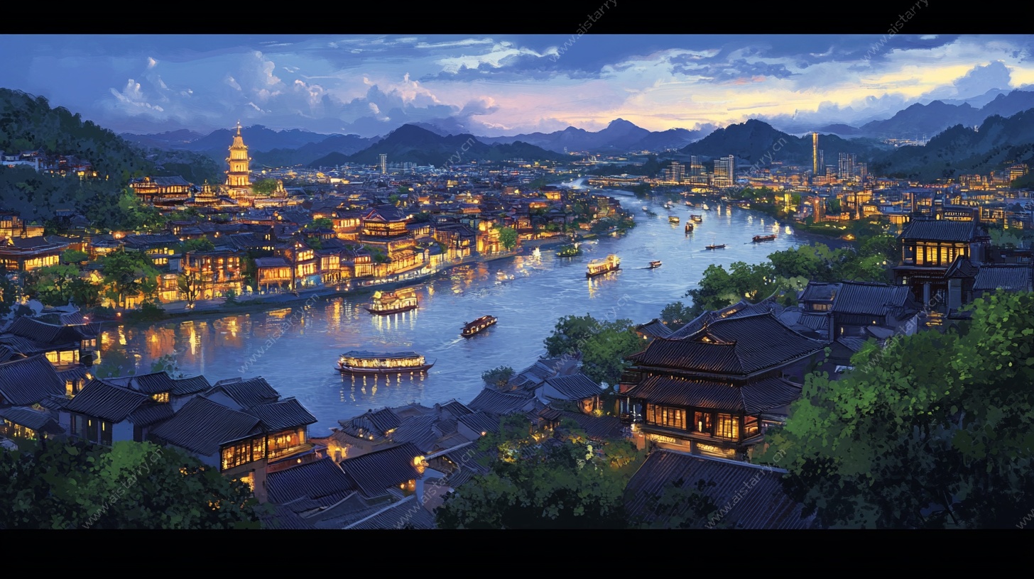 水墨风古风夜景城市画卷