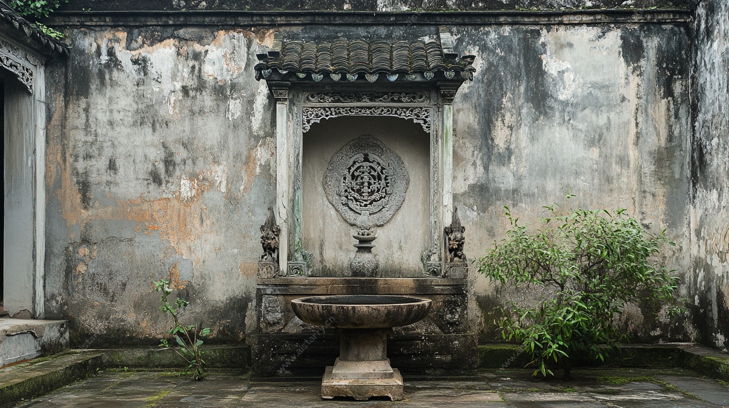 古老庭院中的中式石雕水景