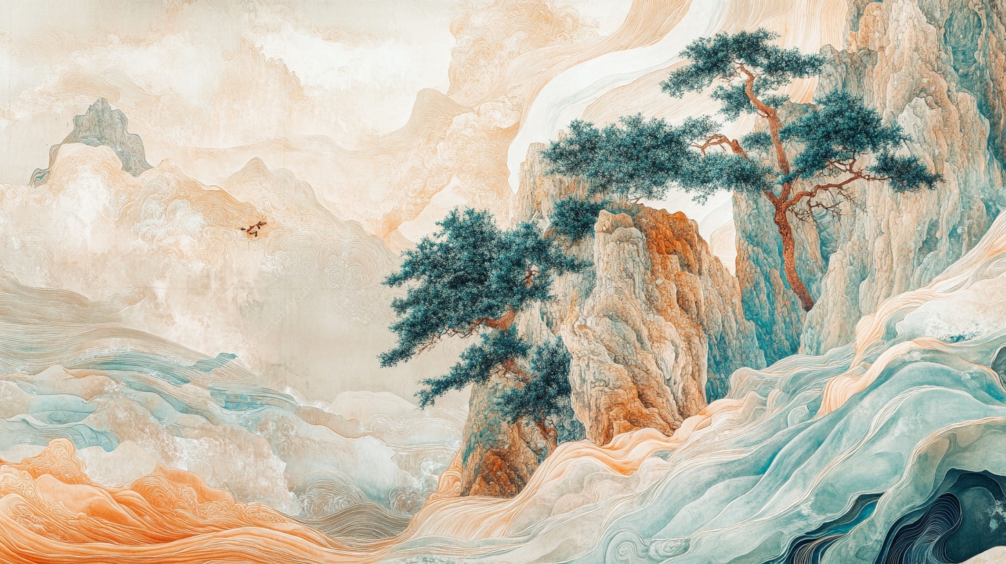 水墨山水松景图