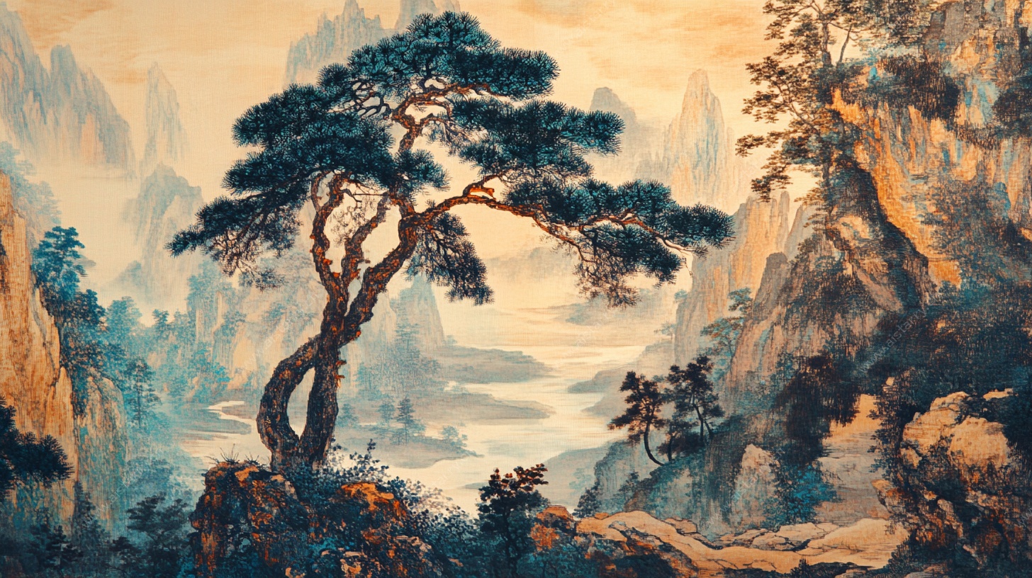 黄山迎客松山水风景图