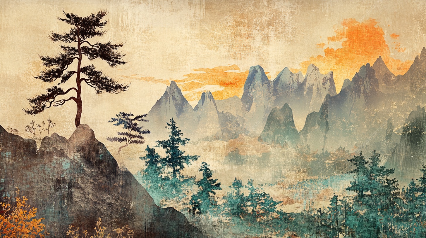 水墨山水孤松图