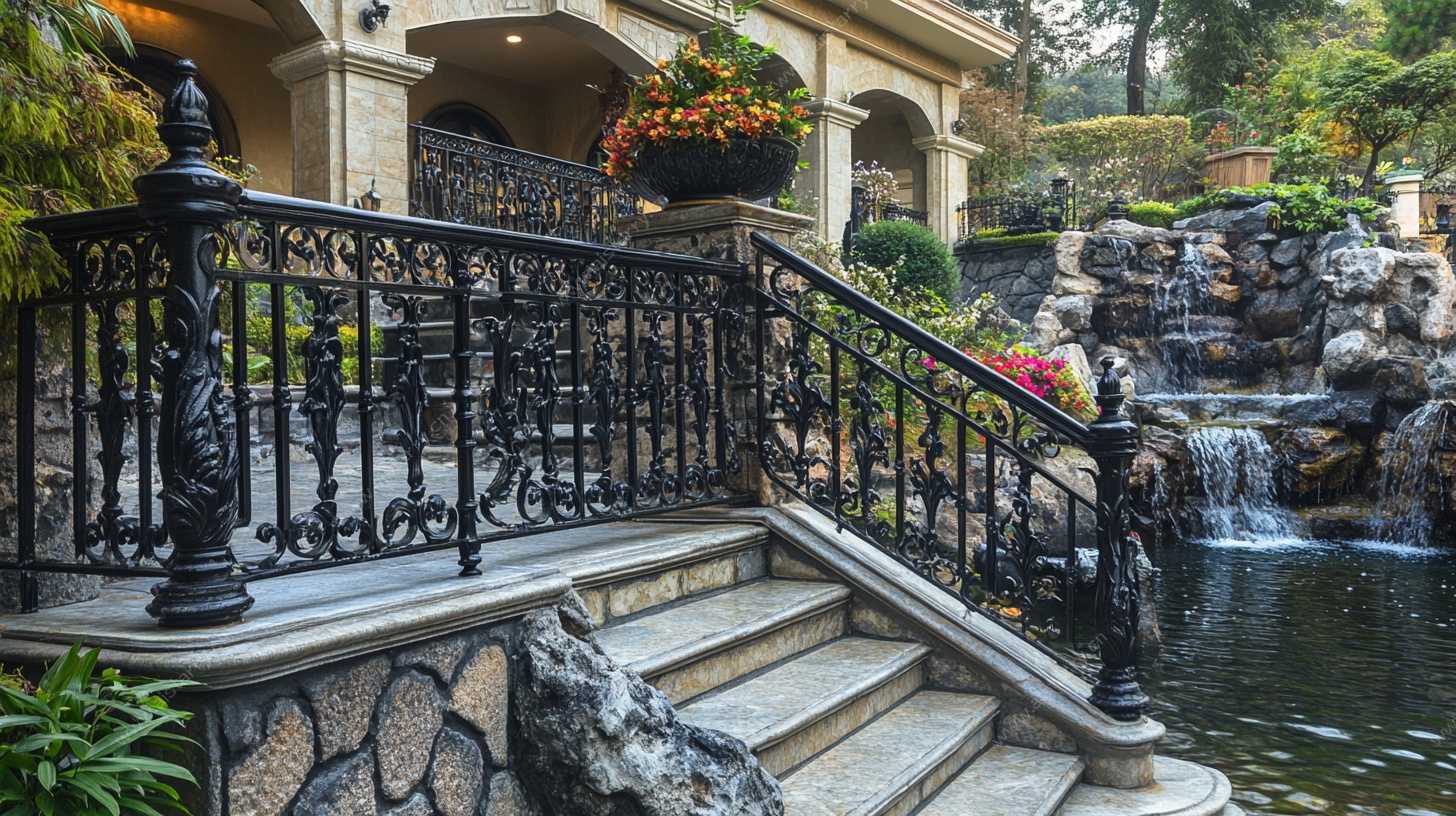 欧式庭院铁艺楼梯与水景