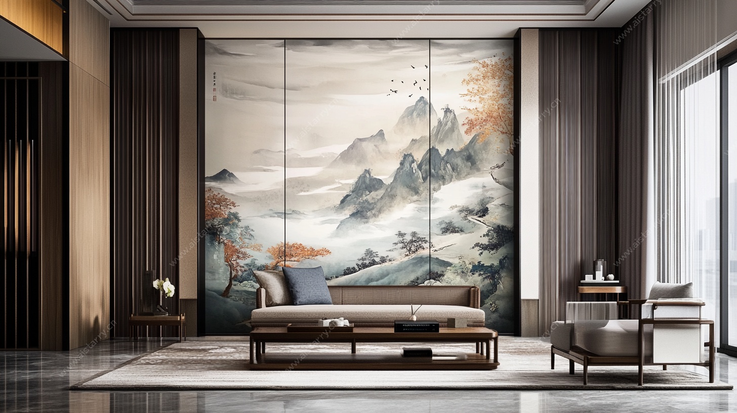 新中式客厅山水壁画装饰