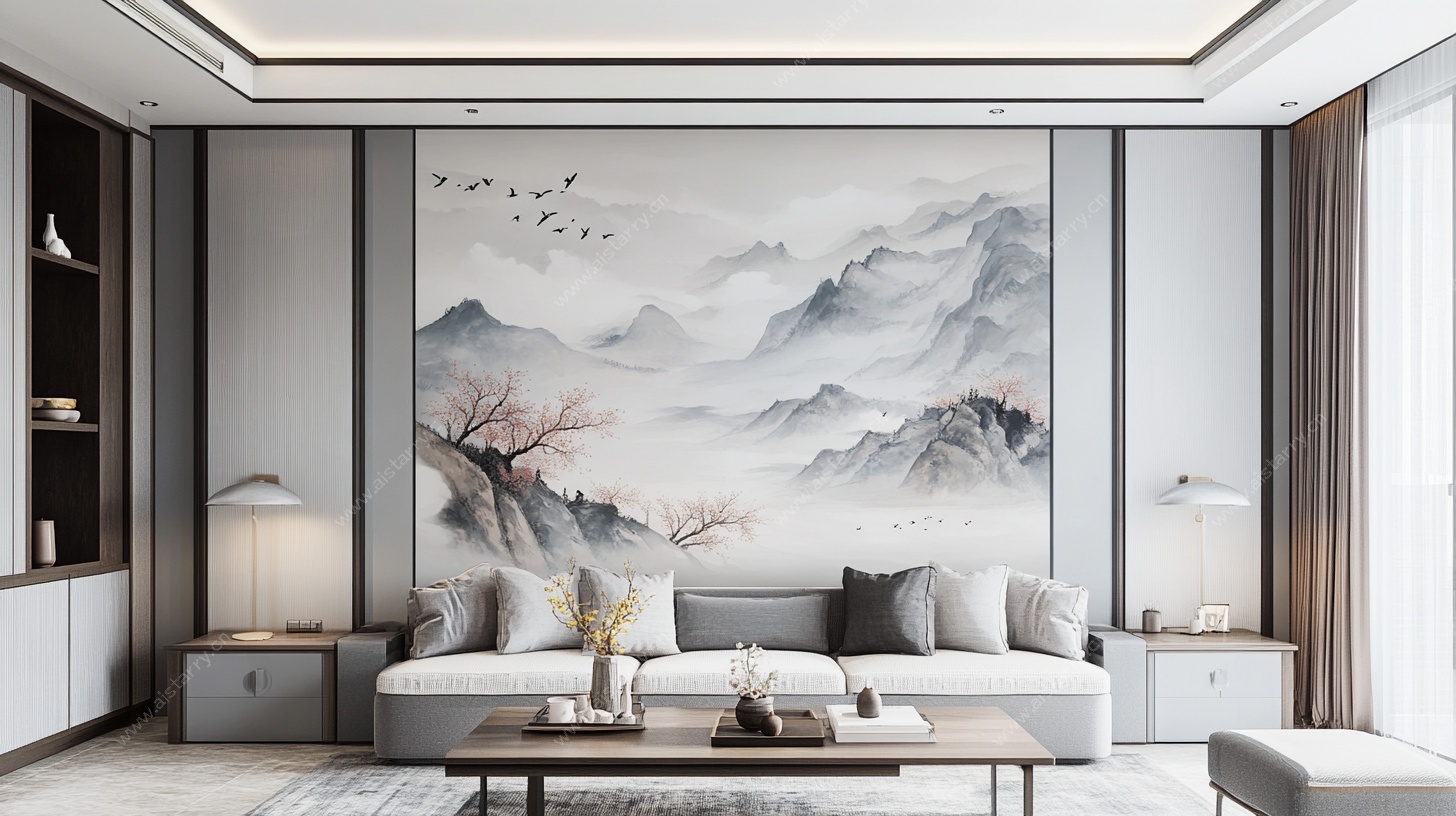 中式客厅 水墨山水背景墙