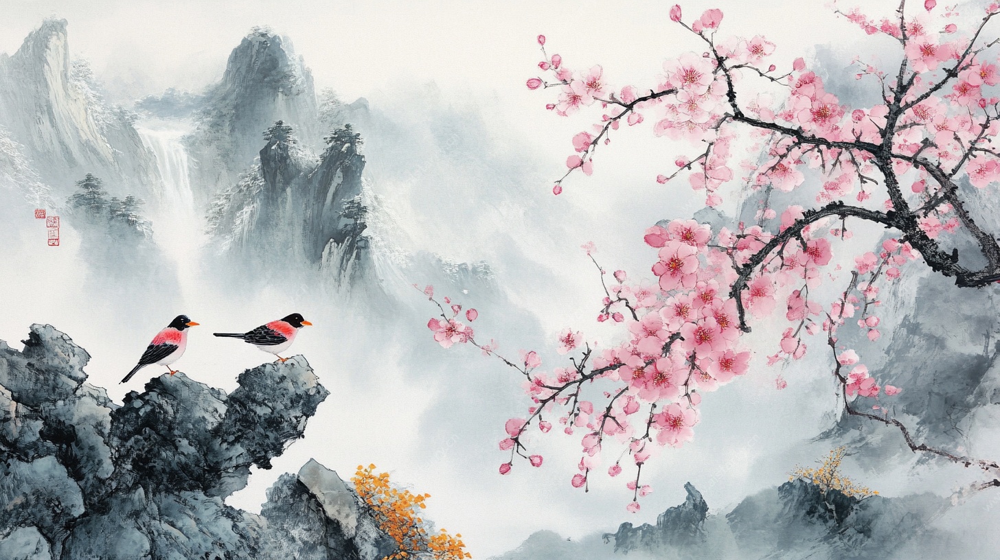 红梅双鸟图 山水诗意画卷