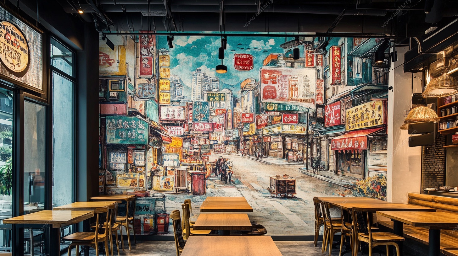 复古街头风餐厅壁画场景