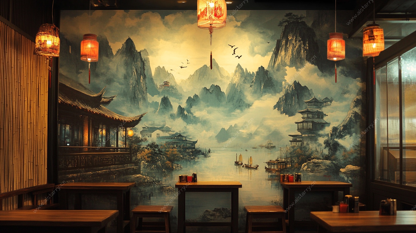 中式餐厅山水壁画场景