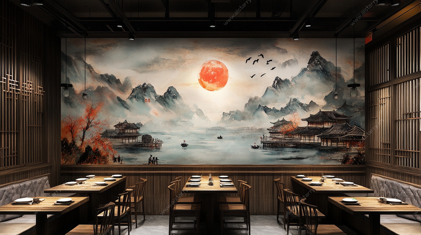中式餐厅山水壁画用餐场景